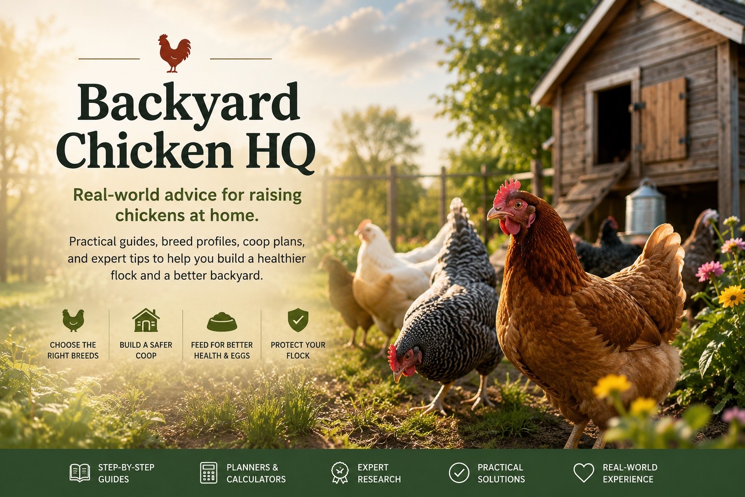 Backyard Chicken HQ homepage hero showing a backyard flock, chicken coop, and real-world advice for raising chickens at home.